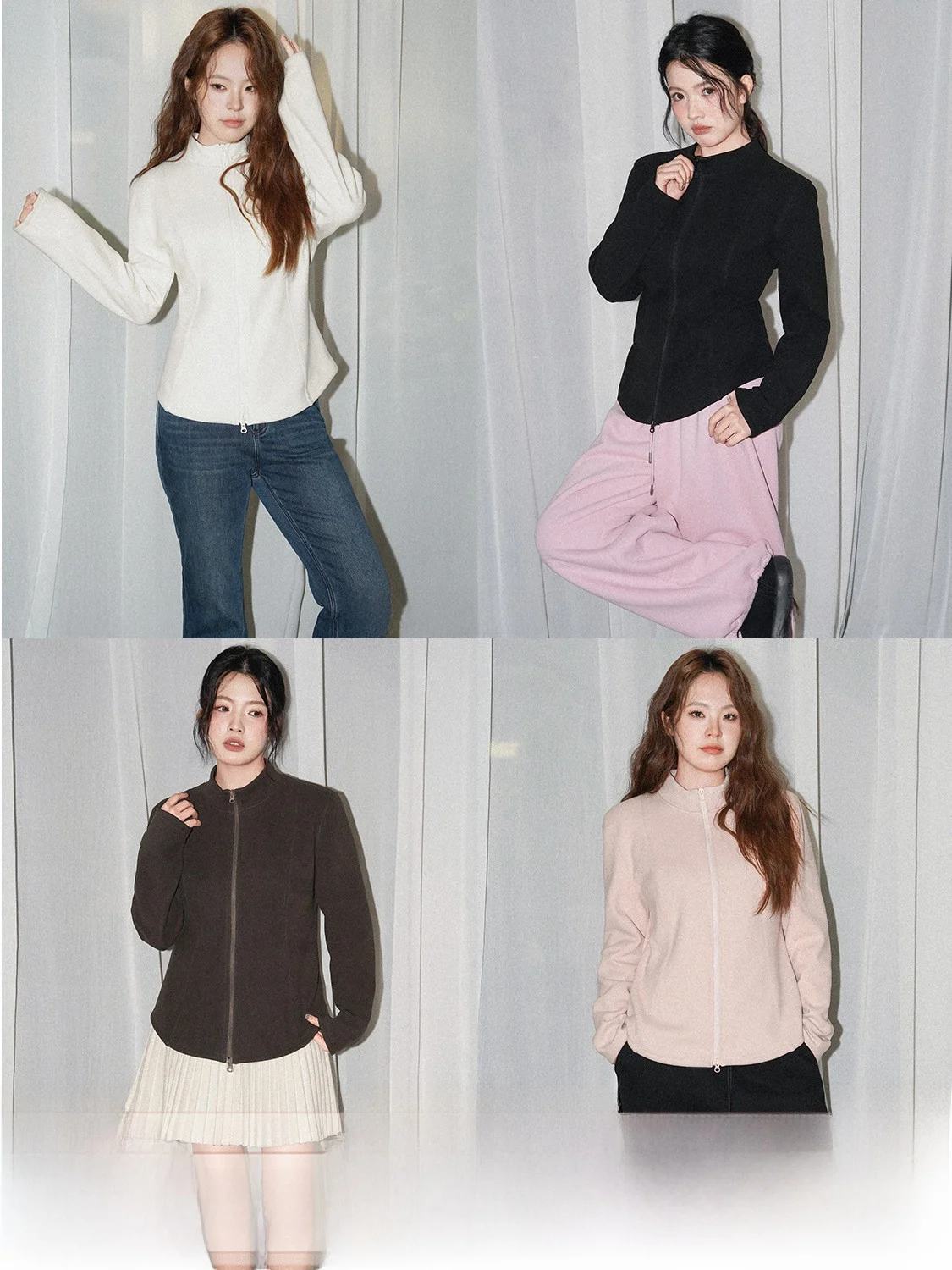 

Slimming aphene Double Zipper Stand Collar Inner Jaet Crystal een Label JINGU Faionable All Seasons Women's Outerwear