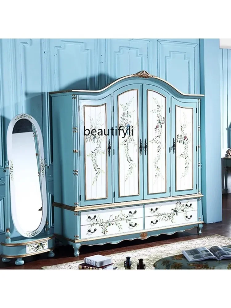 American and European Style Painted Solid Wood Mediterranean Bedroom Wardrobe Two Doors Three Doors Four-Door Wardrobe