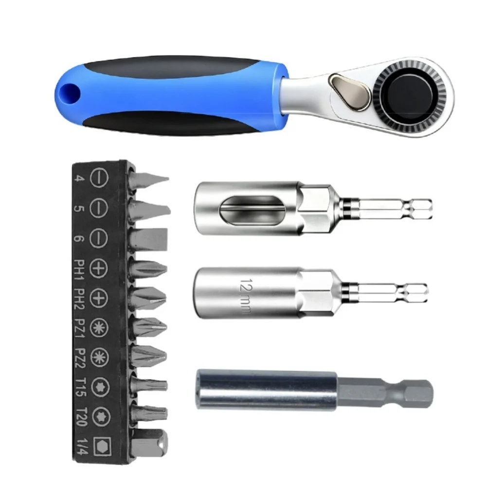 2Pcs 1/4 Inch Drive 72 Tooth Ratchet Wrench Set Blue Ergonomic Handle For Bike Motorcycle Repair Home Tools With Extension Rod
