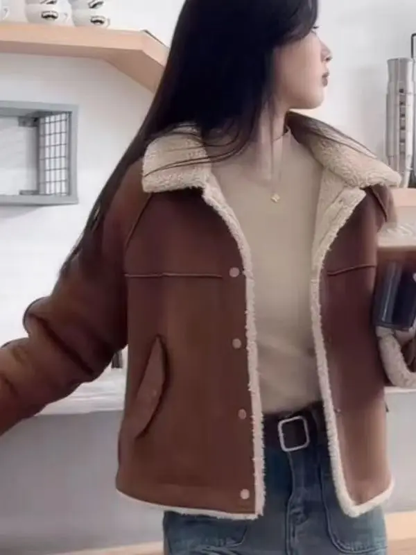 Casaco Feminino Quente de Algodão com Lã de Cordeiro Integrada, Corte Solto, Estilo Americano, Elegante, para Início da Primavera