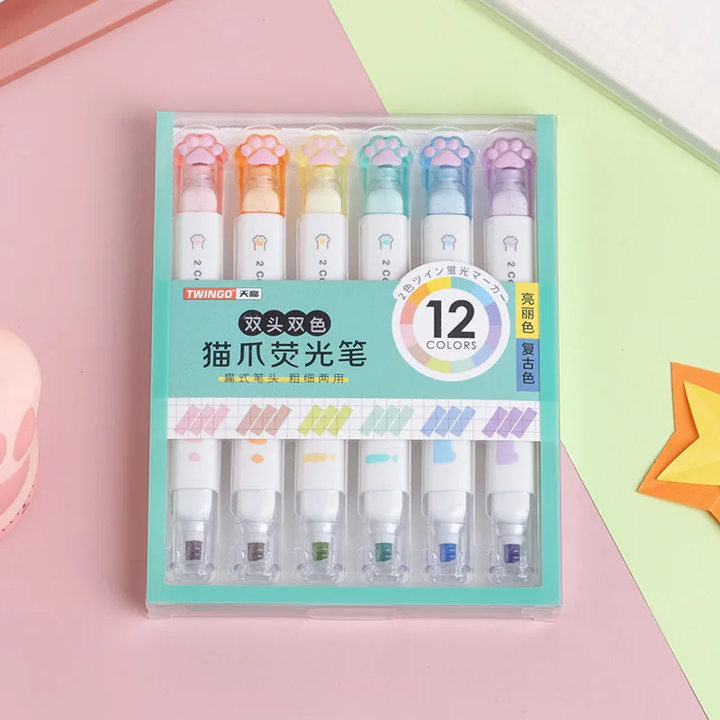 6pcs Cat Paw Shaped Dual-side Brush Highlighter Pens Set 2 Colors 1 Marker Liner for Drawing Paint Art Office School A7002