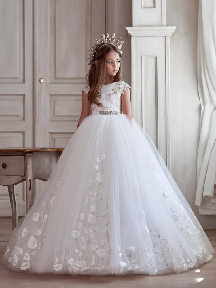 

Flower Girl Dresses White Tulle Flory Pattern With Bow Short Sleeve For Wedding Party Birthday First Communion Gowns