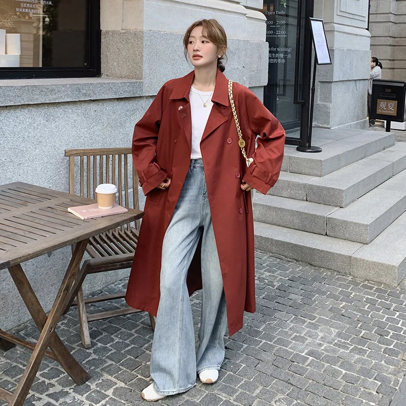 

SuperAen Vintage Double Breasted Red Trench Coats for Women Spring and Autumn New Oversize Casual Long Coats