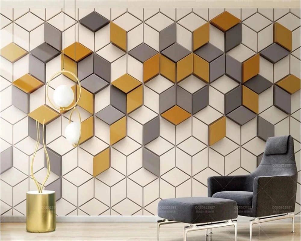 Customized mural 3D solid geometric quadrilateral wood grain mural ginger yellow mosaic decoration wallpaper bedroom restaurant