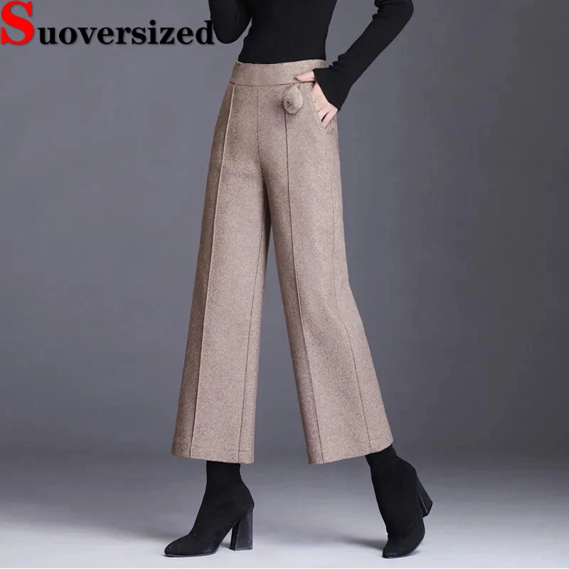 

Office Woolen Wide Leg Pants Women's Oversized 4xl Pantalones High Waist Ankle-length 92cm Spodnie Wool Blend Straight Trousers