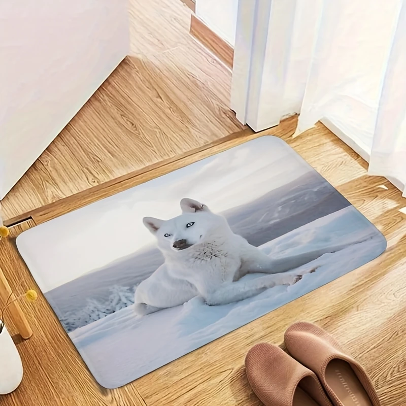 1pc Snow Husky Non-Slip Doormat 16x24 Inch, Ultra Soft Flannel Entrance Mat with Rubber Backing, Cozy Winter Scene Design for Fr