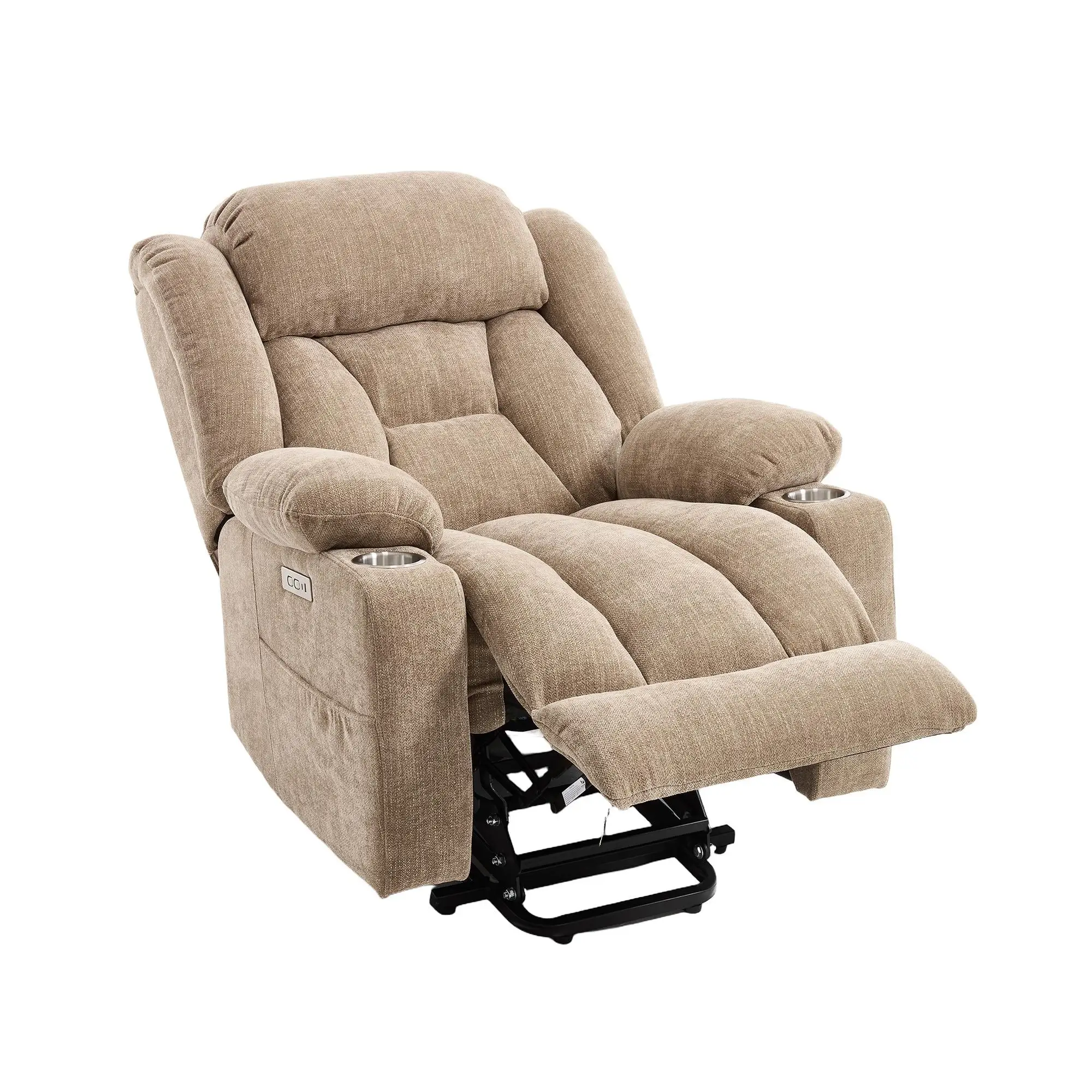 

Кресло-реклайнер с электроприводом из шенилла светло-коричневого цвета с массажем, подогревом, USB-C портом, подстаканниками и боковыми карманами для пожилых людей в гостиную