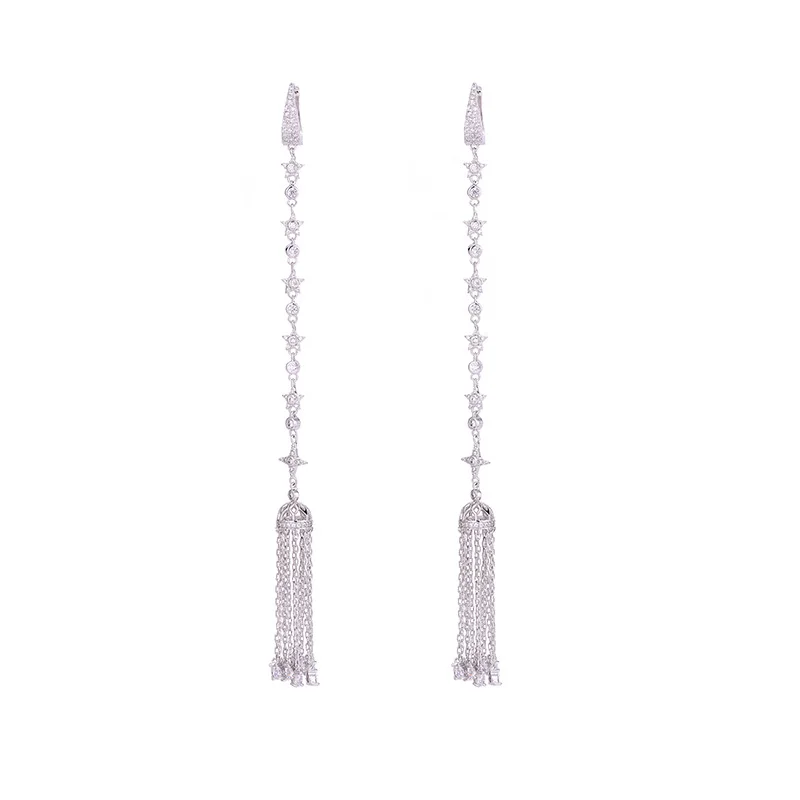 fashion long tassel dangle earrings paved AAA zircon crystal plaitnum plating five piont star drop earrings for women party gift