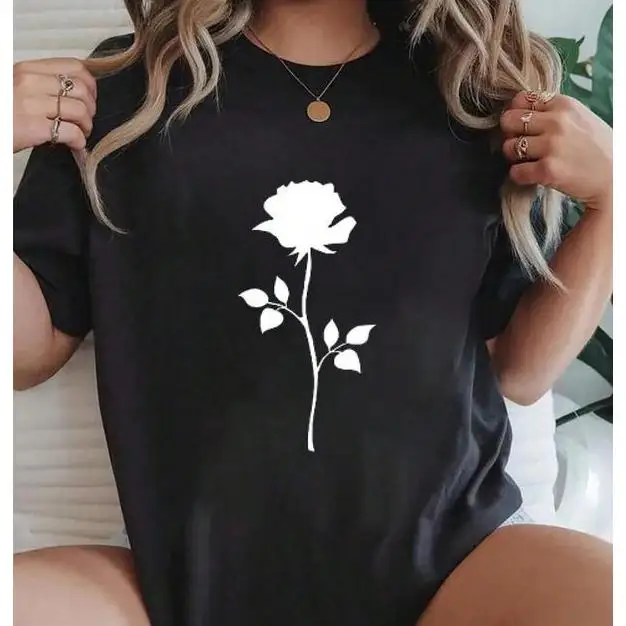 

Rose Roses Silhouette Flower Floral Tattoo Oldschool Printed T-Shirt Short-Sleeved Crew Neck Casual Top Suitable For All Seasons