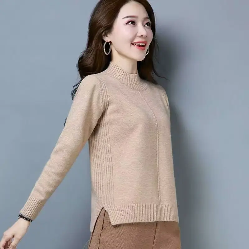 

2023 Autumn Winter Fashion Women Sweater Half High Collar Long Sleeve Bottom Sweater Casual Elegant Loose Fit Warm Short Sweater