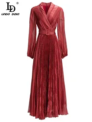 LD LINDA DELLA Fashion Designer Autumn Dress Women V Neck Long Sleeve Sashes High waist Red Pleated Long Dress Vestidos