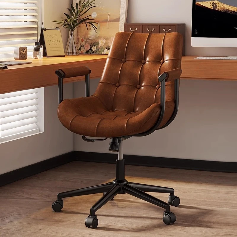 Home Study Computer Office Chair Girls Bedroom Lift Swivel Chair Steel Feet Oil Wax Leather Light Luxury Cosmetic Chair