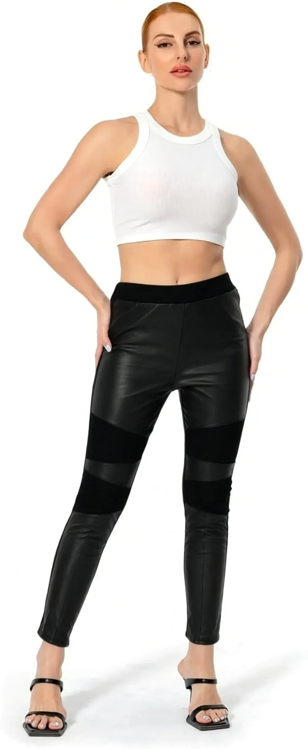Women Patchwork Faux Leather High Waist Stretch Skinny Leggings Slim Fit Nightclub Party Pants