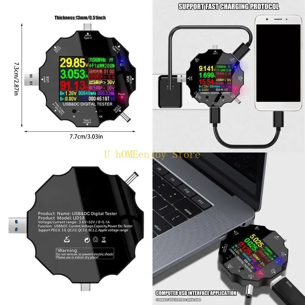 

B0KF Multifunctional USB C Tester, UD18 Digital Multimeter for Voltage Current Capacity Measurement Support Multi