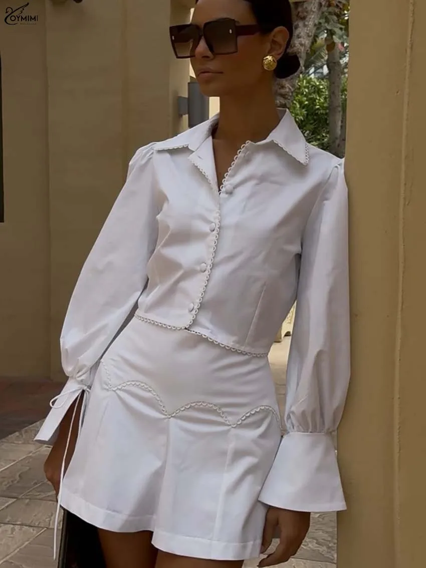 

Oymimi Fashion White Cotton Two Piece Outfits Woman Elegant Lapel Long Sleeve Single Breasted Lace Shirts And Mini Skirts Sets