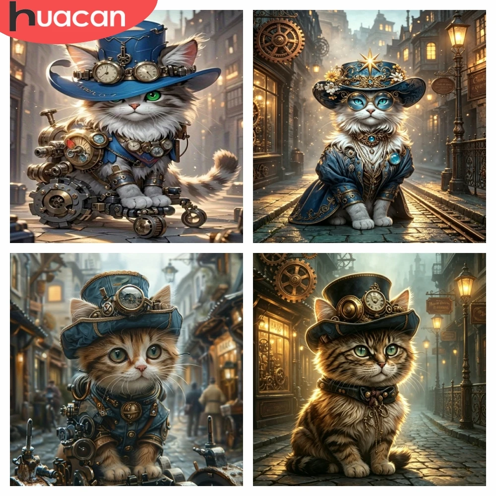 HUACAN 5D DIY Diamantmalerei Katze Tier Handgemachtes Diamantmosaik Stadtstraße Vollquadrat Rundbohrer Heimdekoration Kunsthandwerk