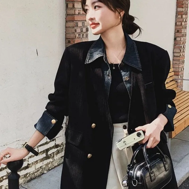

Women 2025 Autumn Winter Black Corduroy Blazer Korean Retro Office Commute Loose Denim Patchwork High End Suit Jacket