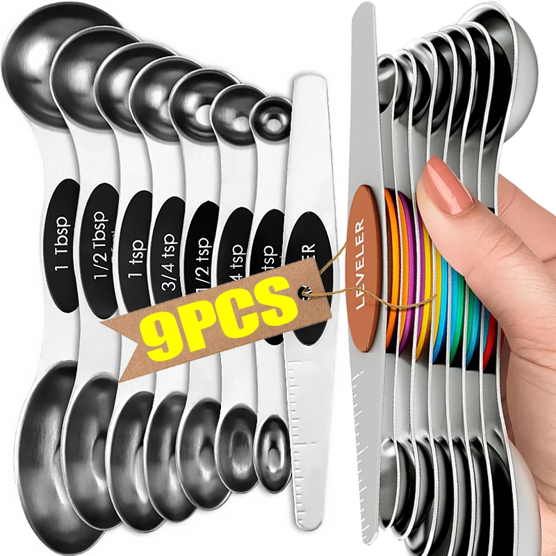 

9 шт./компл., набор мерных ложек из нержавеющей стали, магнитный выравниватель, ложки с двойной головкой, весы для приправ, специй, ложка, кухонные гаджеты