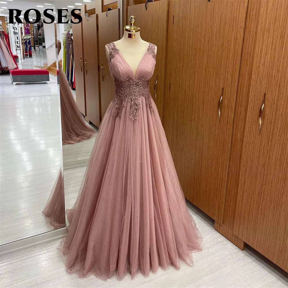 ROSES Blush Elegant Sexy Wedding Party Dress A Line Appliques Lace Celebrity Dress Special Occasion Dress robe soirée Customized