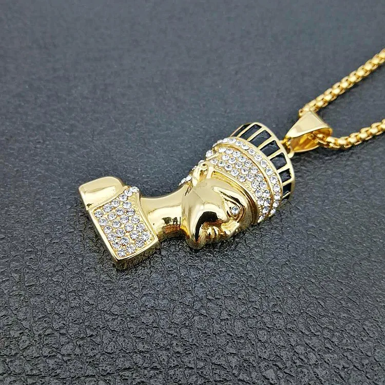 Hip hop New Iced Out Egyptian Pharaoh Pendant 316L Stainless Steel Bling Rhinestone Men\'s Women Pendant Necklace Punk Jewelry
