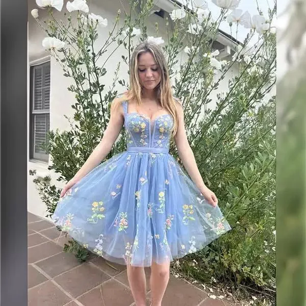 Lamour 2024 Floral And Simple Evening Dress For Female Spaghetti Strap 15 Anos Birthday Party Prom Dress Above Knee Vestidos