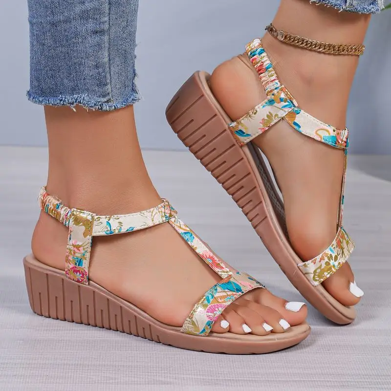 Rimocy Women\'s Bohe Wedge Sandals Print Elastic Strap Gladiator Shoes Woman Plus Size Summer Casual Beach Sandalias Mujer 2024