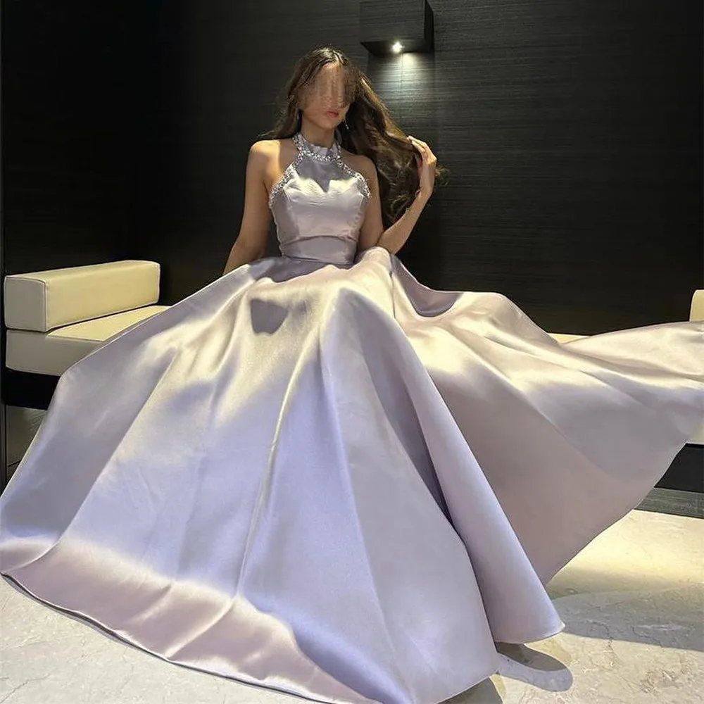 

Sevintage Lavender Saudi Arabic Satin Evening Dresses Halter Floor Length Formal Women Prom Gowns Special Occasion Dresses 2023