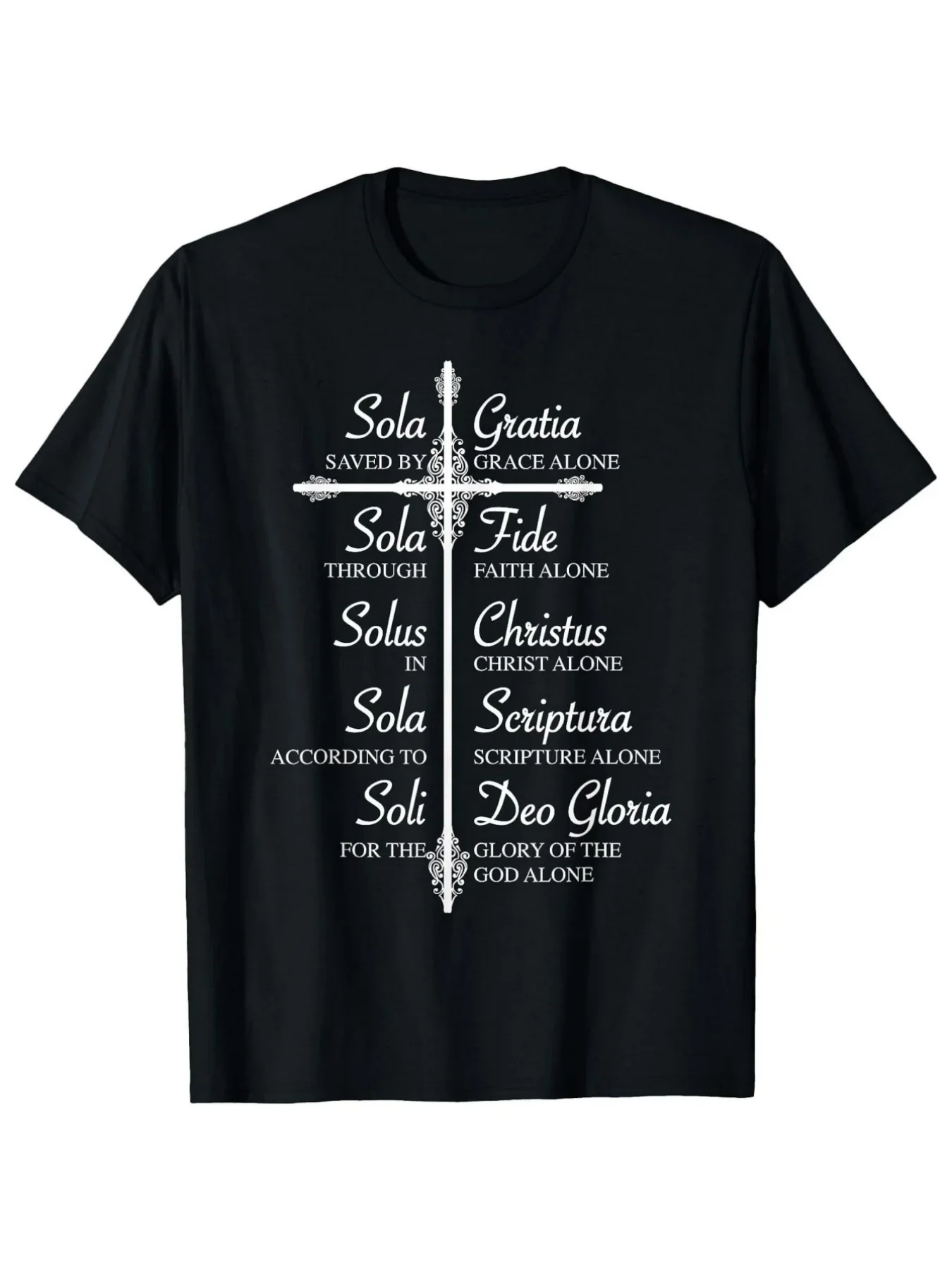 Men'S Christian T-Shirt Featuring The Five Solas of The Protestant Reformation (Sola Gratia, Sola Fide, Solo Christo, Scriptura Solo, Solo Deo Gloria) - Black with White Religious Design - Casual Church Apparel, Classic Retro Style