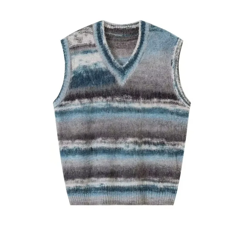 

Y2K Vintage Sweater Vest Men's Knitted Sleeveless Man Sweaters Retro V-neck Pullover Blue Striped Japanese Streetwear Harajuku