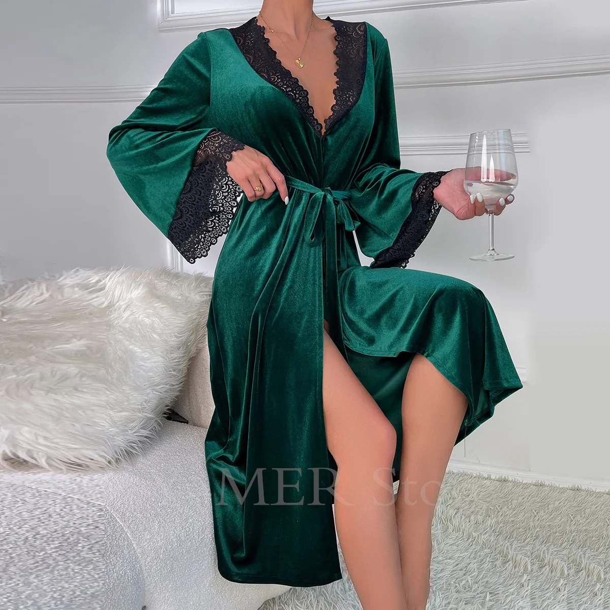 Sexy Lace Up Velour Long Robe Nightwear Women\'s Sleepwear Burgundy Kimono Bathrobe Gown Intimate Lingerie Autumn New Homewear