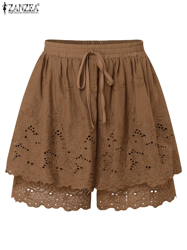 ZANZEA Moda 100% Cotone Donna Pantaloncini a vita alta in pizzo Pantaloni a gamba larga 2025 Estate Elastico in vita Dolce ed elegante Pantaloni solidi