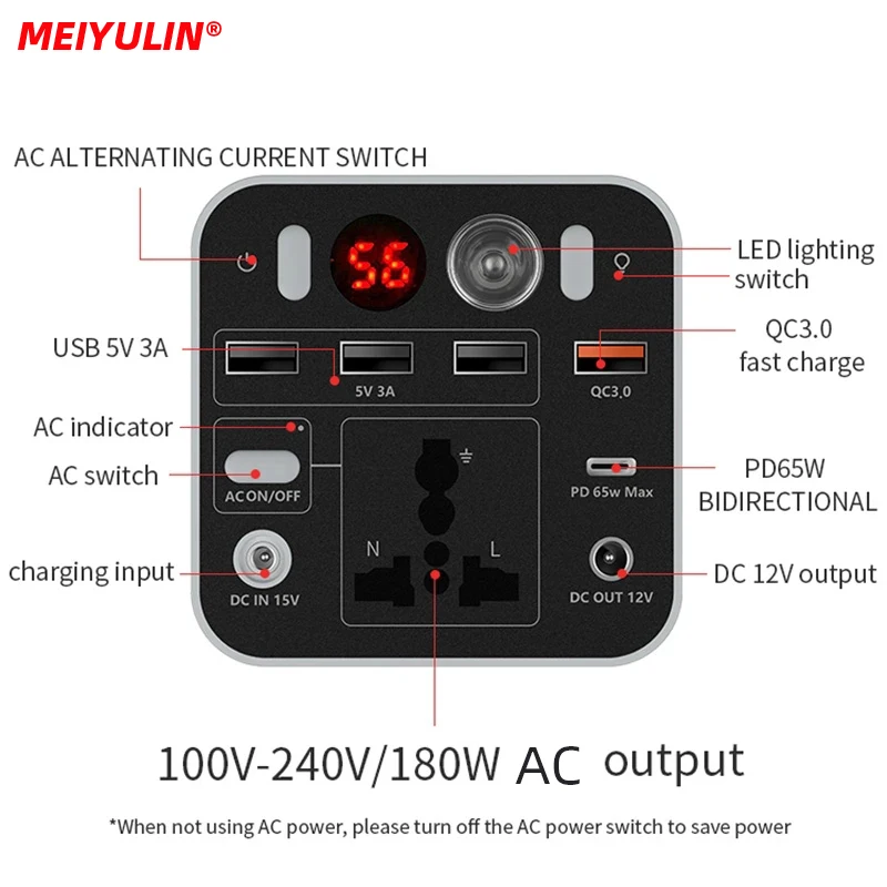 180W 220V Portable Power Bank Station 45000mAh Solar Generator USB C PD65W AC DC Fast Charging Spare Battery for Outdoor Camping