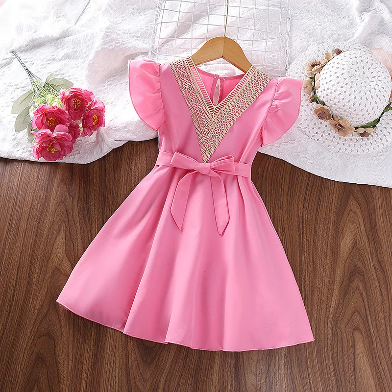 Kids For Girls 4-7 Years Solid Pink Belted Wing-Sleeve V-Neck Dress Sweet Style Summer Costume Baby Clothing