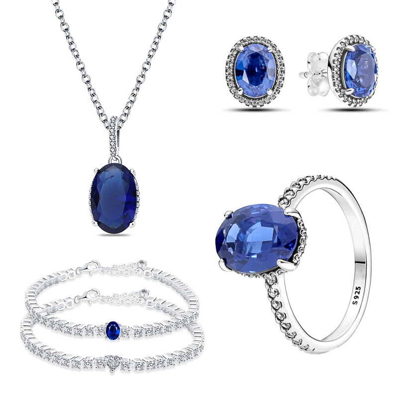 Conjunto de joyería de collar de cristal de Color plata 925 de lujo para mujer, collar de cadena de circón azul a la moda, brazalete, joyería nupcial para boda