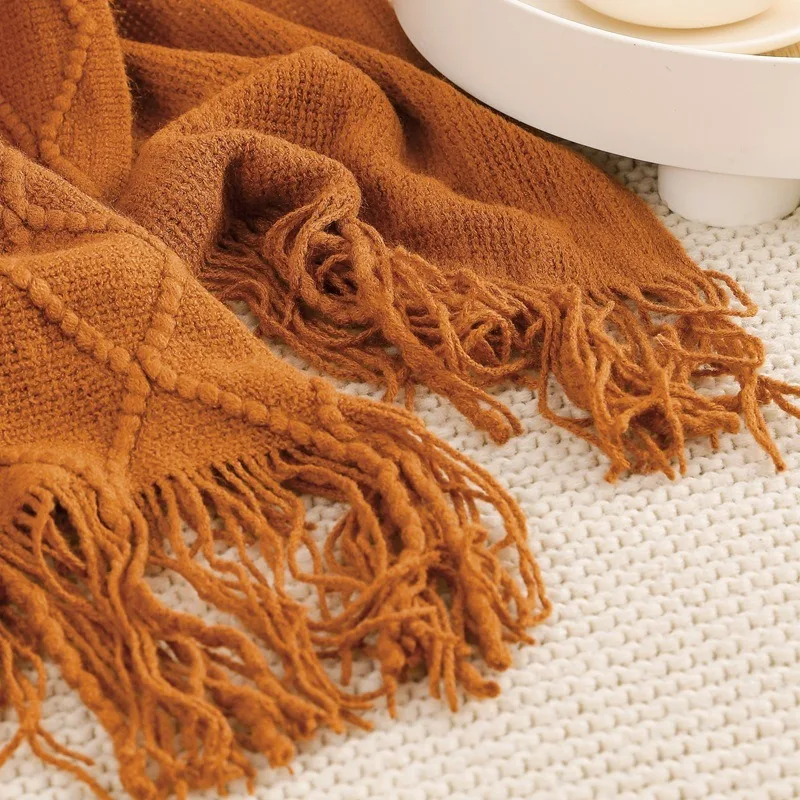Diamond Knitted Bed Runner Tassel Decorative Throw Blanket Lightweight Accent Layer for Sofa Couch Bedroom Homestay All Season