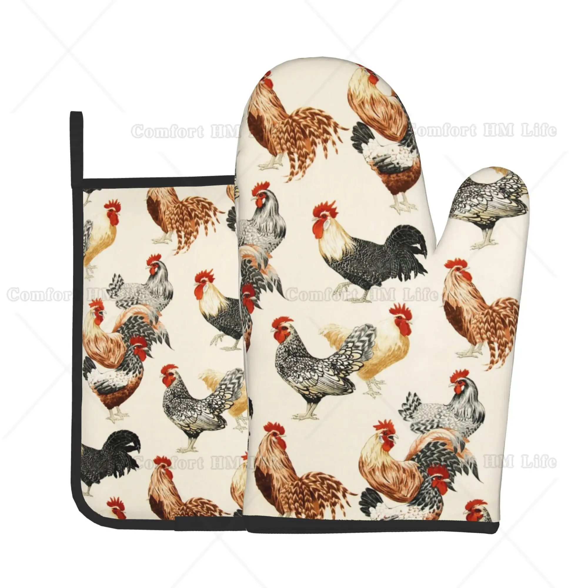 Chickens Rooster Oven Mitts and Pot Holders Set of 2 Heat Resistant Microwave Oven Gloves for Safe Cooking Baking Grilling