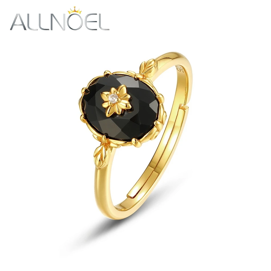 ALLNOEL Natural 6*8 Black Agate 925 Sterling Silver Adjustable Open Ring For Women Gold Plated Dainty Vintage Gifts Fine Jewelry