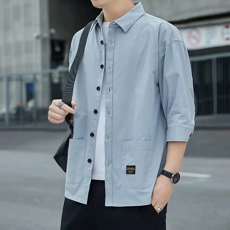 Shirts for Men Blue Half Sleeve Cargo Man Shirt with Collar Aesthetic Hipster Button Up Elegant Sleeves Cheap Brand Xxl Original