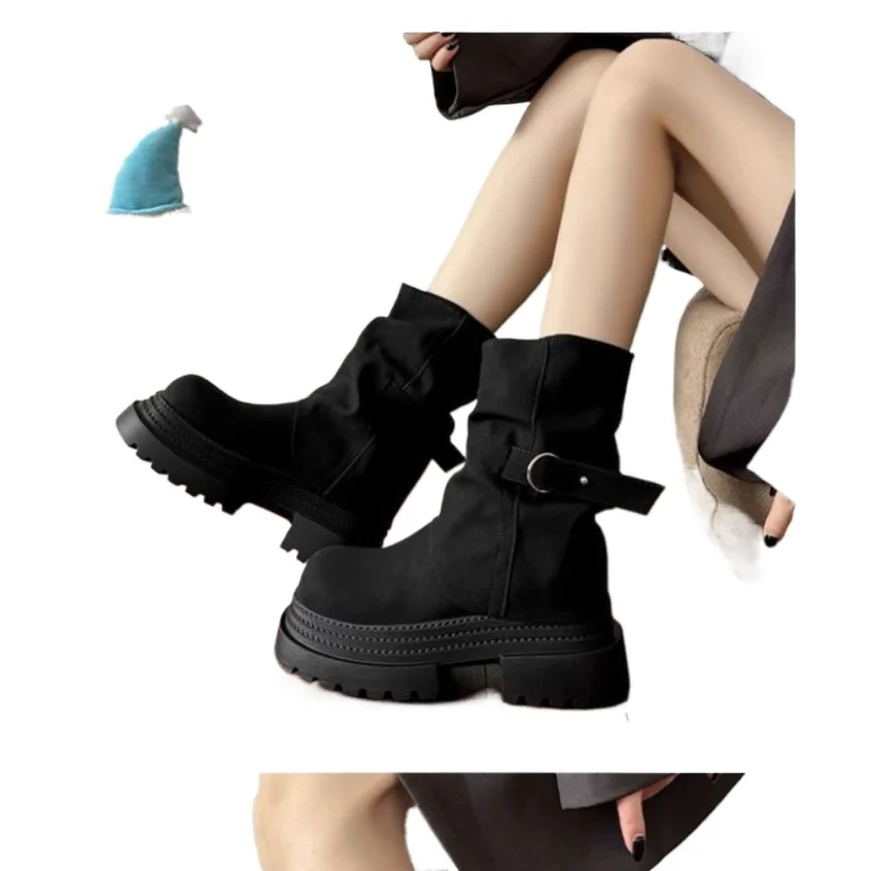 المرأة الارتفاع زيادة أحذية رعاة البقر سميكة سوليد الأوسط الأحذية بسيطة مريحة حذاء من الجلد جولة تو كعب سميك الأحذية النسائية