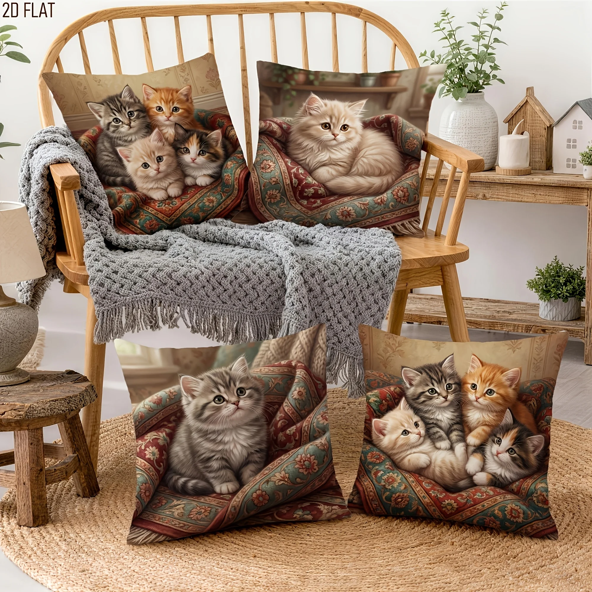 Large Printed Throw Pillow Cover Set 4 Pack Decorative Cat Print Cushions for Sofa Seating Room Home Decor