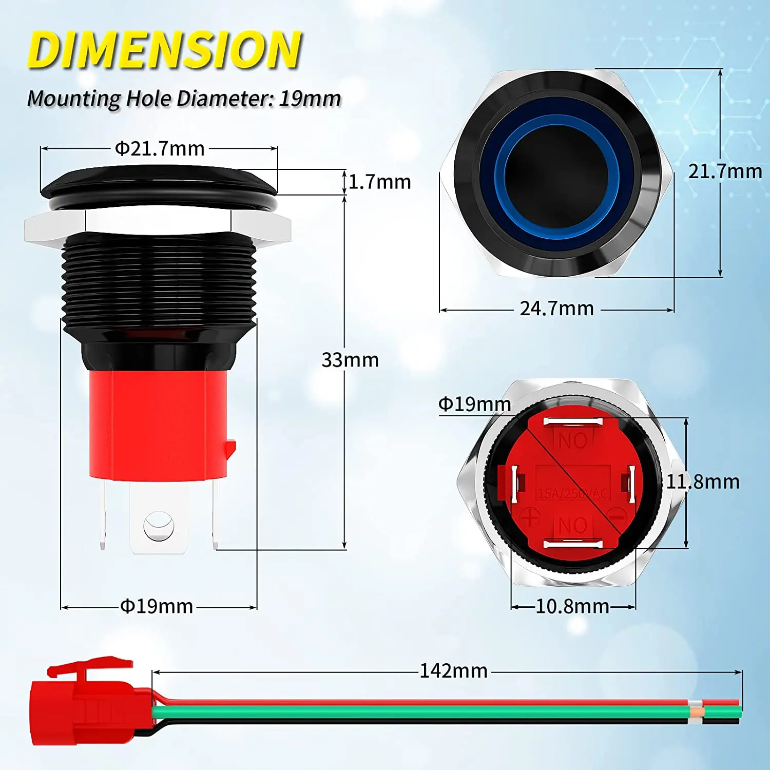 20A 12V Push Button Switch Latching 19MM Pushbutton Switch with 12V Blue LED Waterproof ON Off Switch 20 Amp Heavy Duty for Car