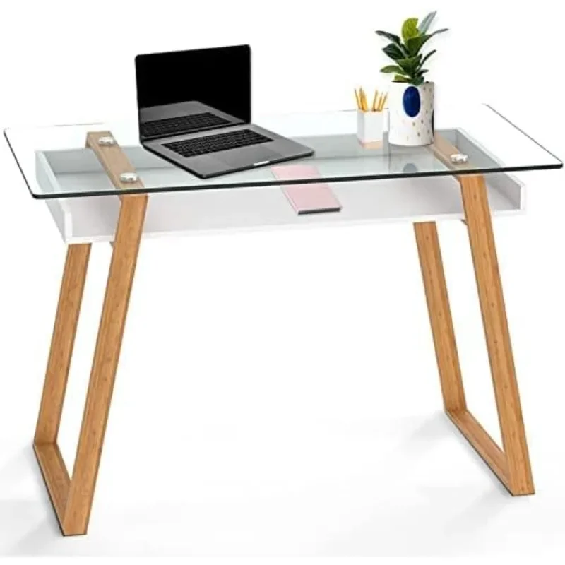 

BonVIVO Massimo Small Desk Modern Computer Desk for Small Spaces, Living Rooms, Offices and Bedrooms - with Glass Top