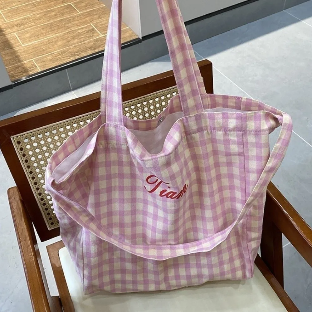 

Casual Letter Plaid Shoulder Bag Candy Color Light Weight Canvas Tote Bag Handbag Purse Large Capacity Crossbody Bag Girls