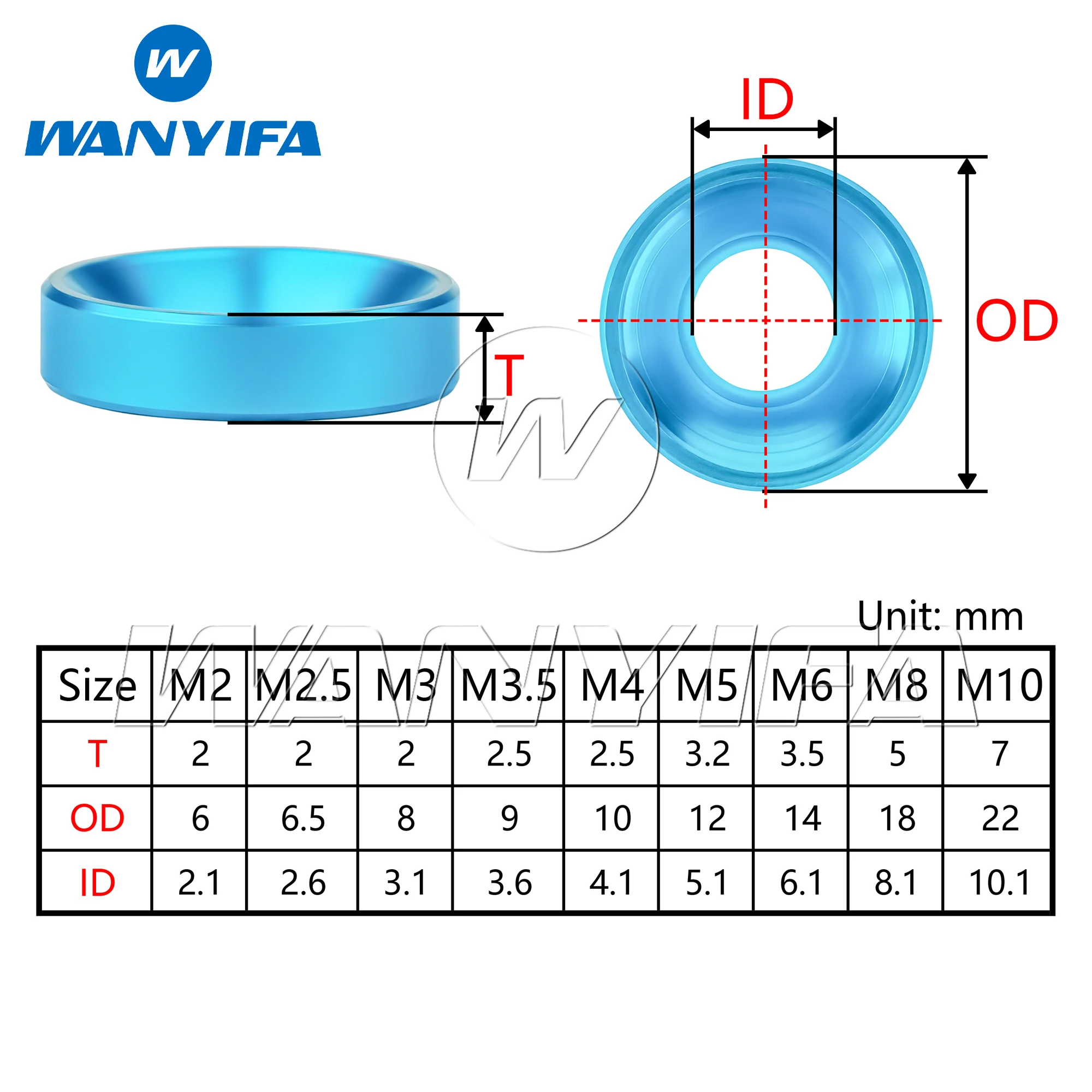 Wanyifa 10pcs Aluminum Alloy Washers M2 M2.5 M3 M3.5 M4 M5 M6 M8 M10 Anodized Colourful Countersunk Head Bolt Washer Gaskets