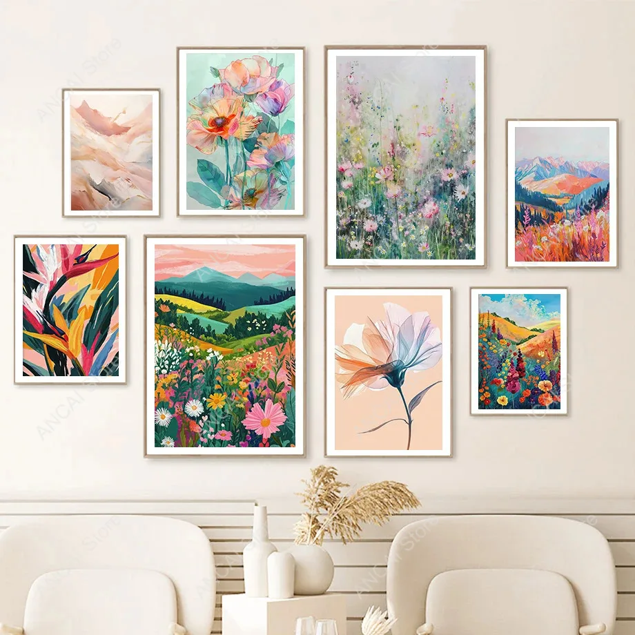 Mountain Flowers Colorful Nature Landscape Posters Wall Art Canvas Painting Nordic Room Decor Abstract Illustration Distant