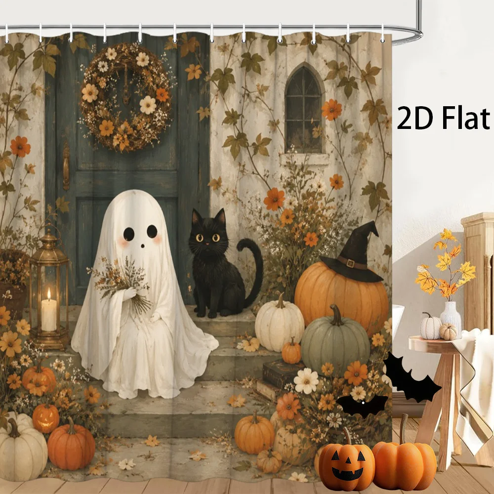Halloween Ghost & Black Cat Shower Curtain, Pumpkin & Wreath Print Waterproof Bathroom Decor, Cute Spooky Home Bath Screen