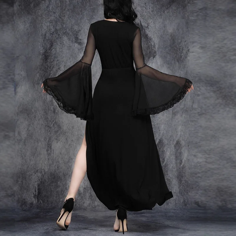 Bata gótica de malla negra, disfraz de Halloween para mujer, vestido largo Sexy con escote en V profundo y abertura alta, vestido de fiesta hueco de manga larga acampanada para otoño