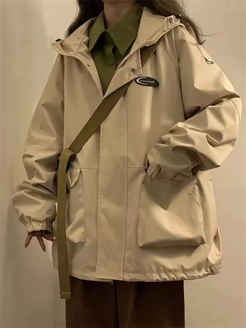 Pop Cargo Oversized Hooded Jackets Women Solid Leisure Classic Windbreaker Couple Baggy Japanese All-match Basic Casual Zipper C