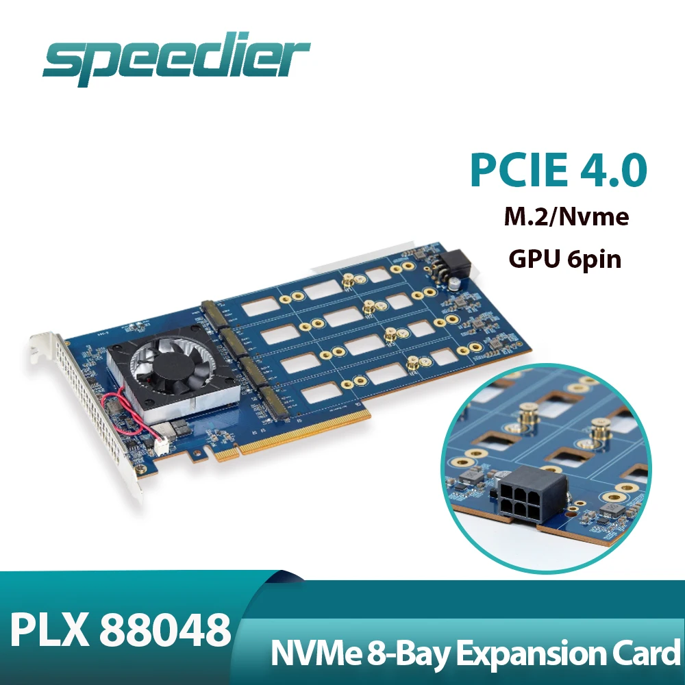 

PCIe 4.0 M.2 NVMe No Motherboard Splitting PEX 88048 Expansion Card for Hard Drives 2280/22110 NVMe SSDs 8-Bay GPU 6pin Riser