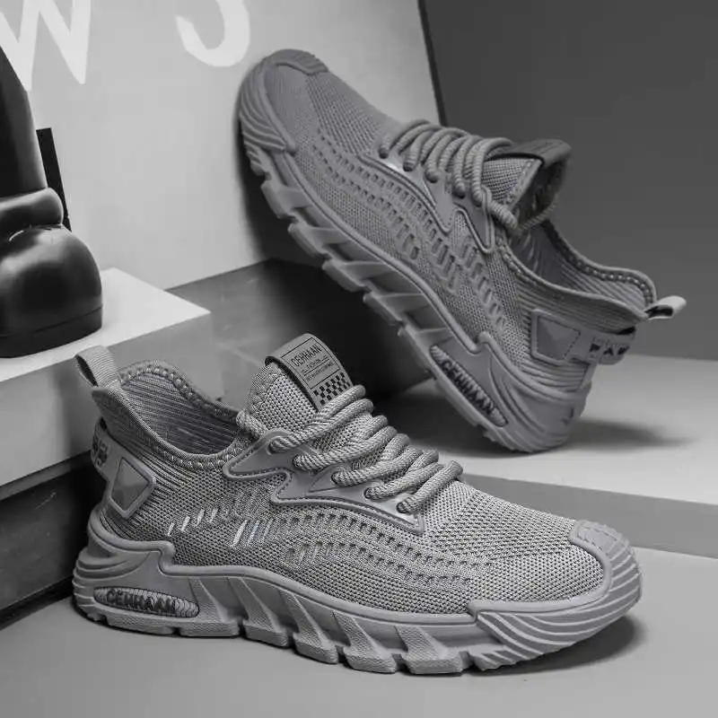 Zapatos grises de pie redondo masivo para hombre, zapatillas deportivas marrones tejidas a la moda para hombre, calzado deportivo Funky Snearkers tipo precios bajos